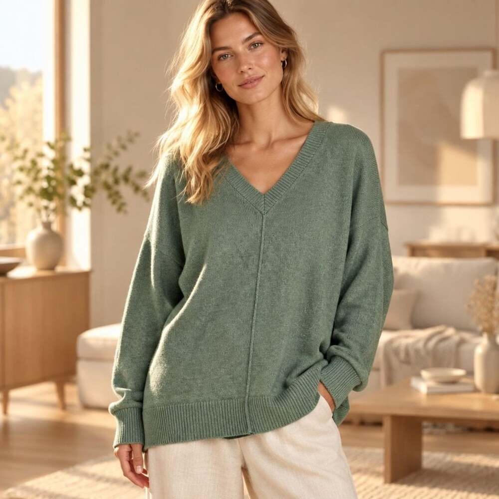 Tahari V-Neck Sweater Size L Green Cotton Blend Ribbed Pullover